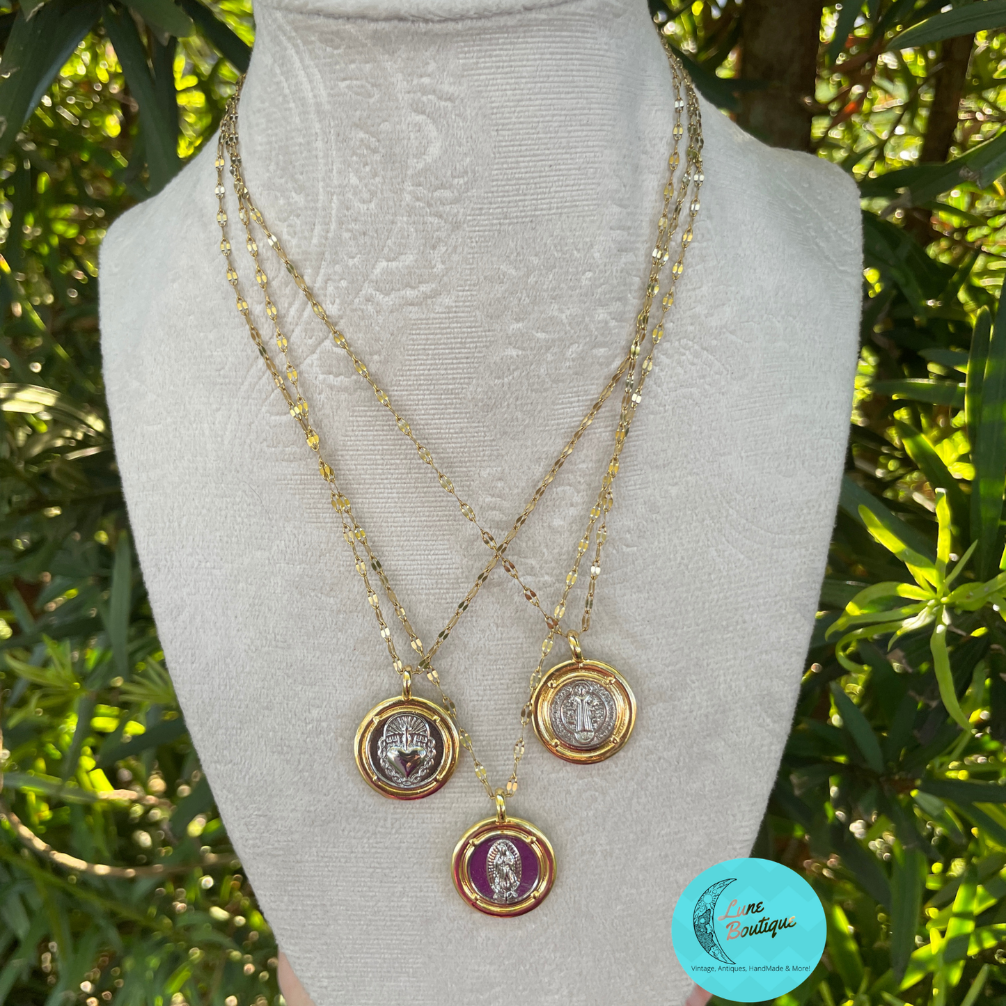 Gold Virgin Mary, the Sacred Heart, and Saint Benedict Necklace Set, Religious Medallion Necklaces, Catholic Jewelry, Spiritual
