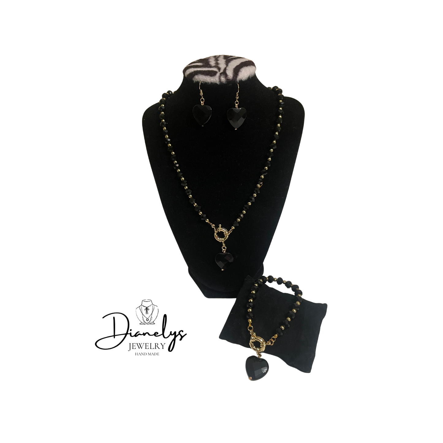 Black Heart Jewelry Set Beaded Necklace, Bracelet & Earrings Set, Elegant Black and Gold Jewelry, Handmade Gift Set