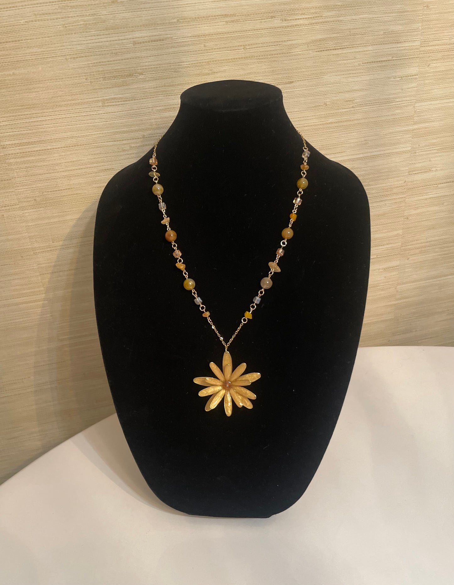 Lily Flower Reversible Pendant Necklace Yellow & Aqua Back Handcrafted