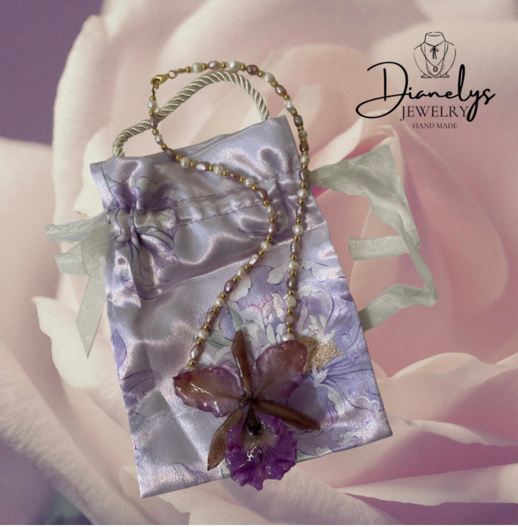 Real Orchid Flower in Resin Necklace Beaded with Cultivated Pearls Only 1