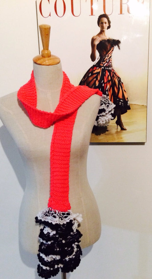Crochet Scarf Boa or Belt in Coral Pink, White and Black Flamenco Style