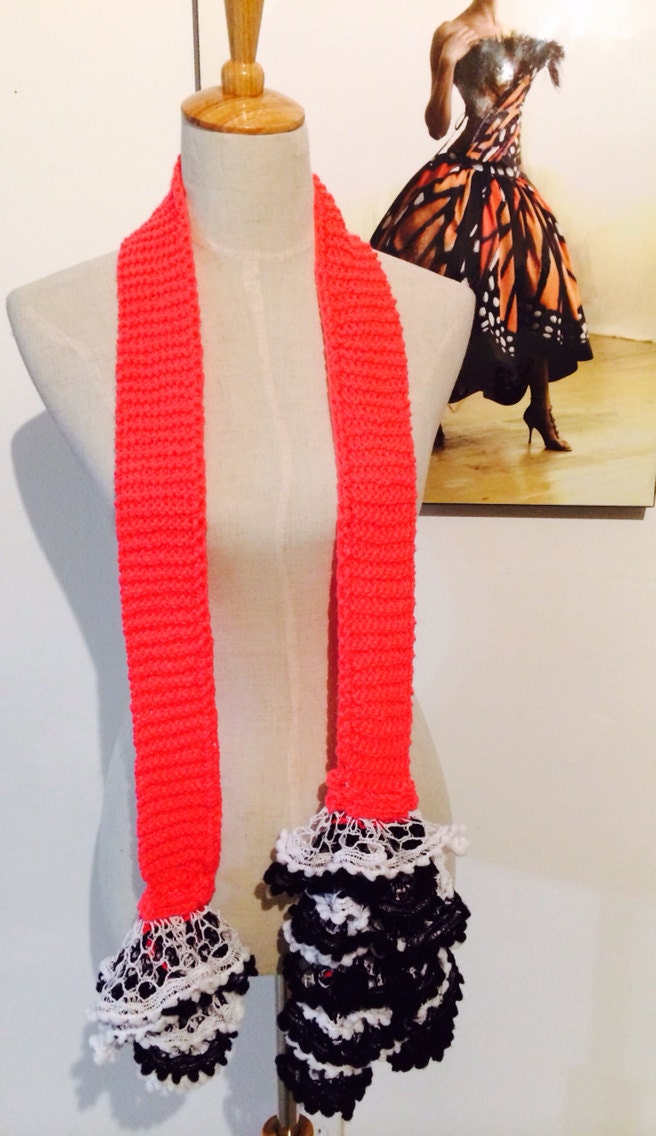 Crochet Scarf Boa or Belt in Coral Pink, White and Black Flamenco Style