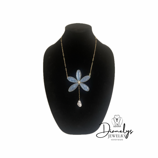 Blue Flower in Resin Pendant Necklace with Pearl Drop Handmade
