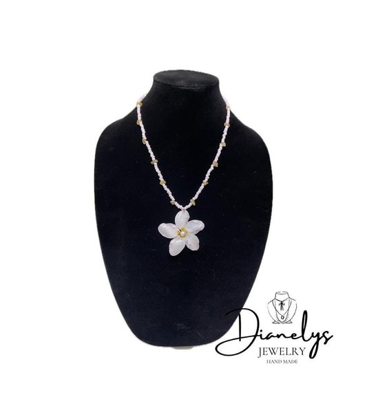 Floral Resin Pendant Necklace White with Purple Hint Tones Handmade Only 1