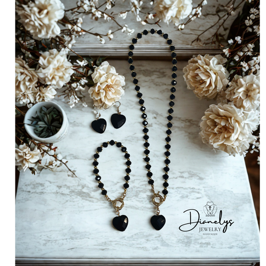 Black Heart Jewelry Set Beaded Necklace, Bracelet & Earrings Set, Elegant Black and Gold Jewelry, Handmade Gift Set