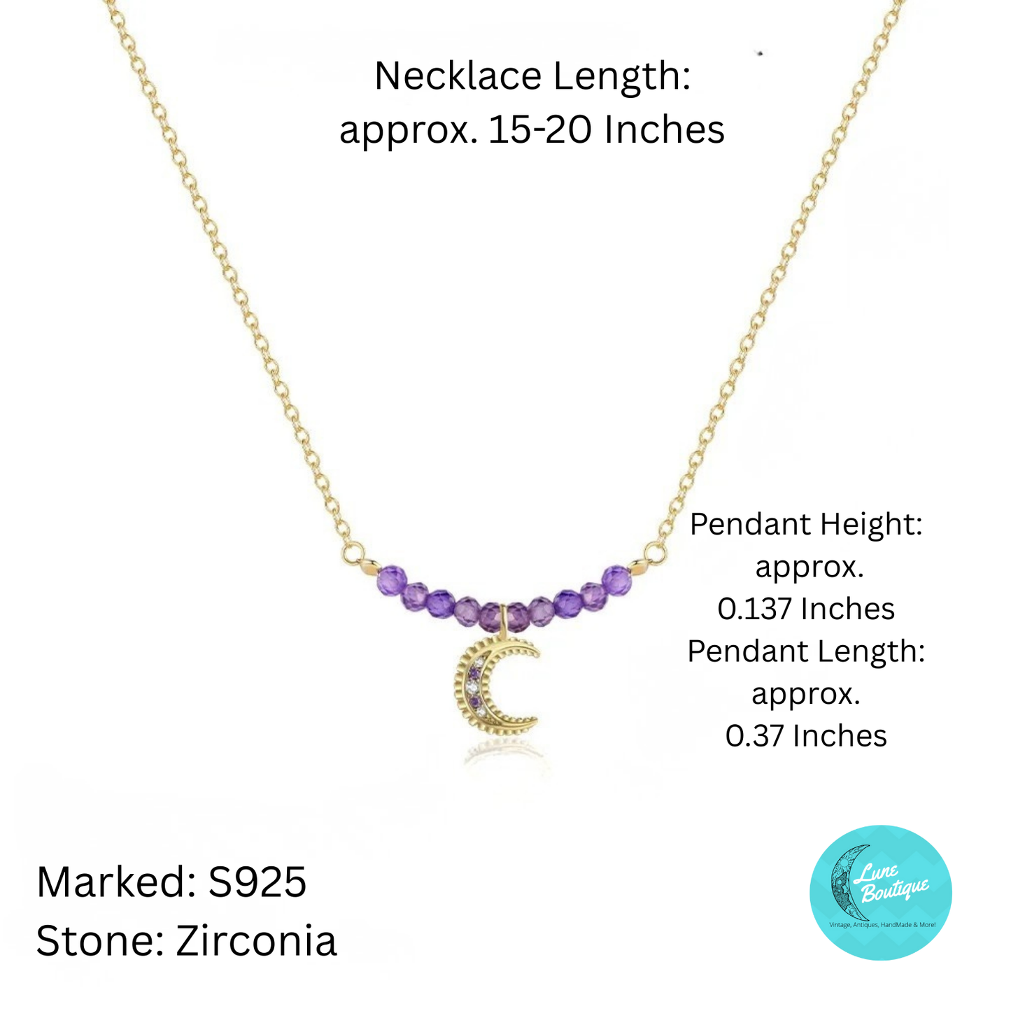 Crescent Moon Necklace Purple, Zirconia Beads, S925 Sterling Silver, Gold Plated Celestial Jewelry