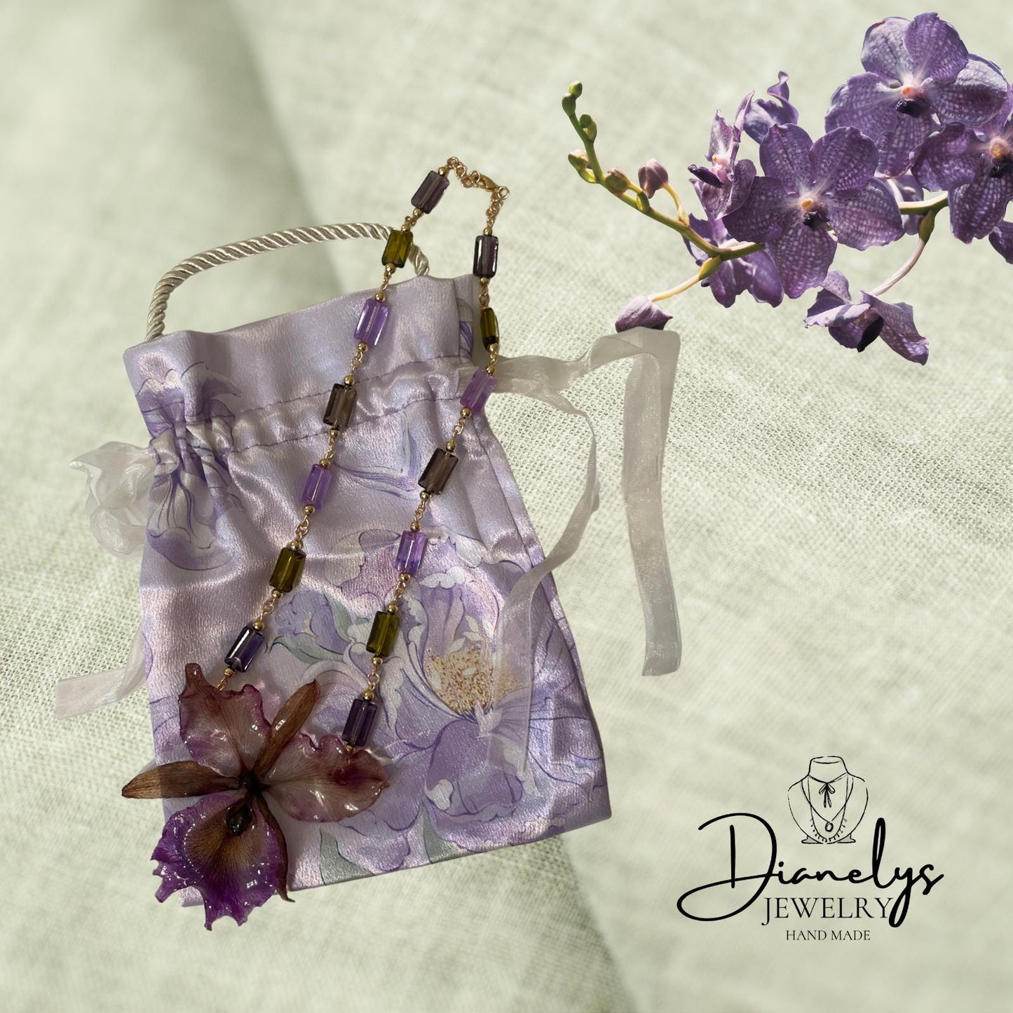 Orchid Flower Necklace Handmade Purple & Olive Beaded Statement Jewelry Only 1