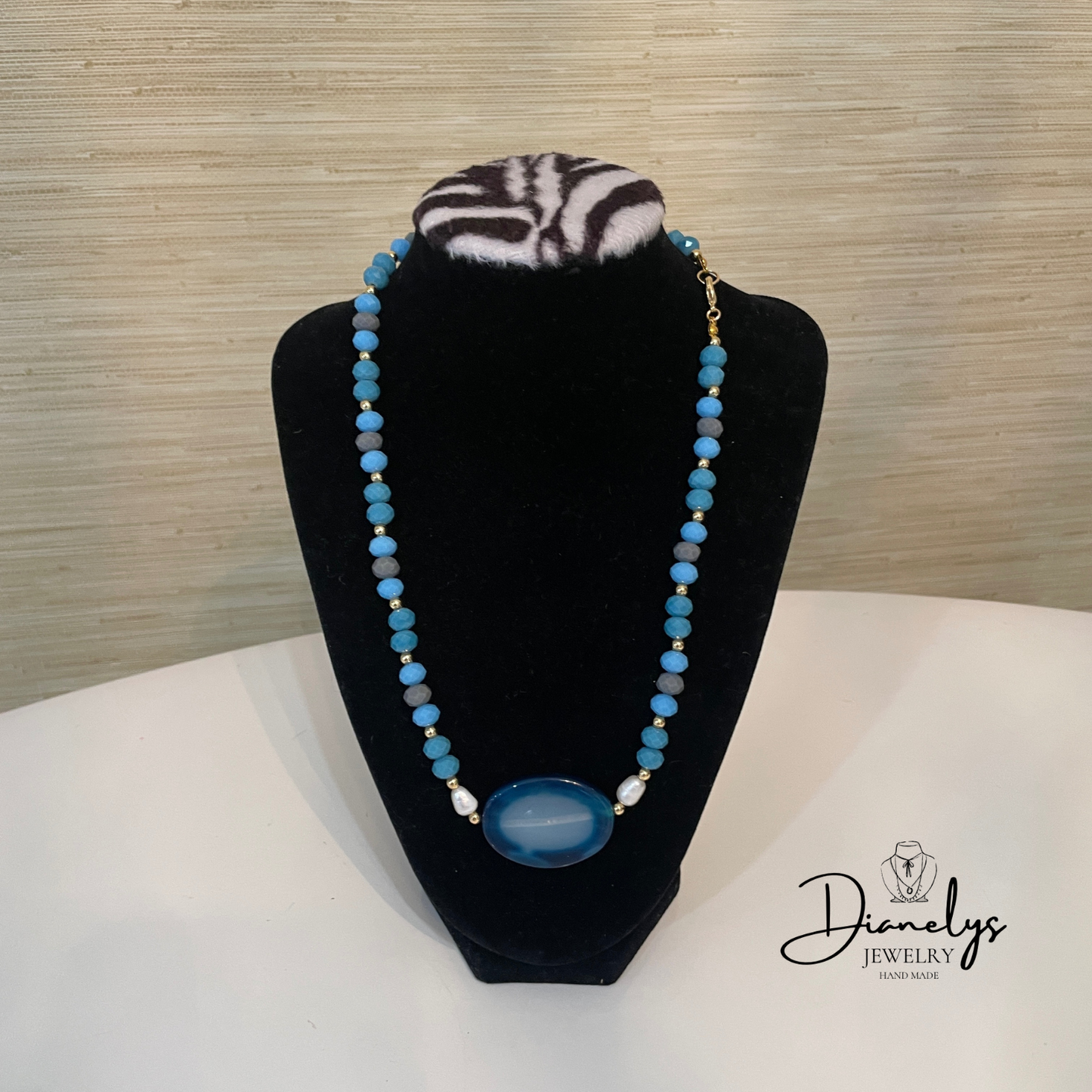 Blue Agate Beaded Necklace with Pearl Accents – Handmade Gold Necklace – Statement Pendant Jewelry – Gift for Her