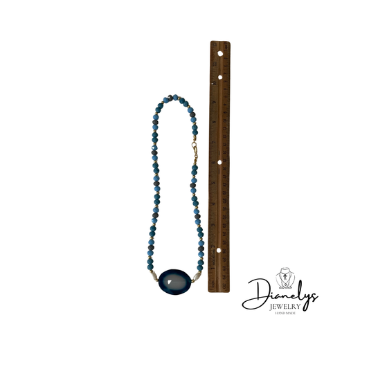 Blue Agate Beaded Necklace with Pearl Accents – Handmade Gold Necklace – Statement Pendant Jewelry – Gift for Her