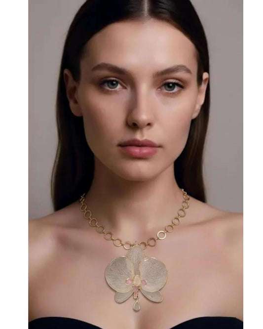Real Orchid Flower Choker Necklace with Gold Tone Link Chain Resin-Preserved Bloom Handmade in Miami Fl