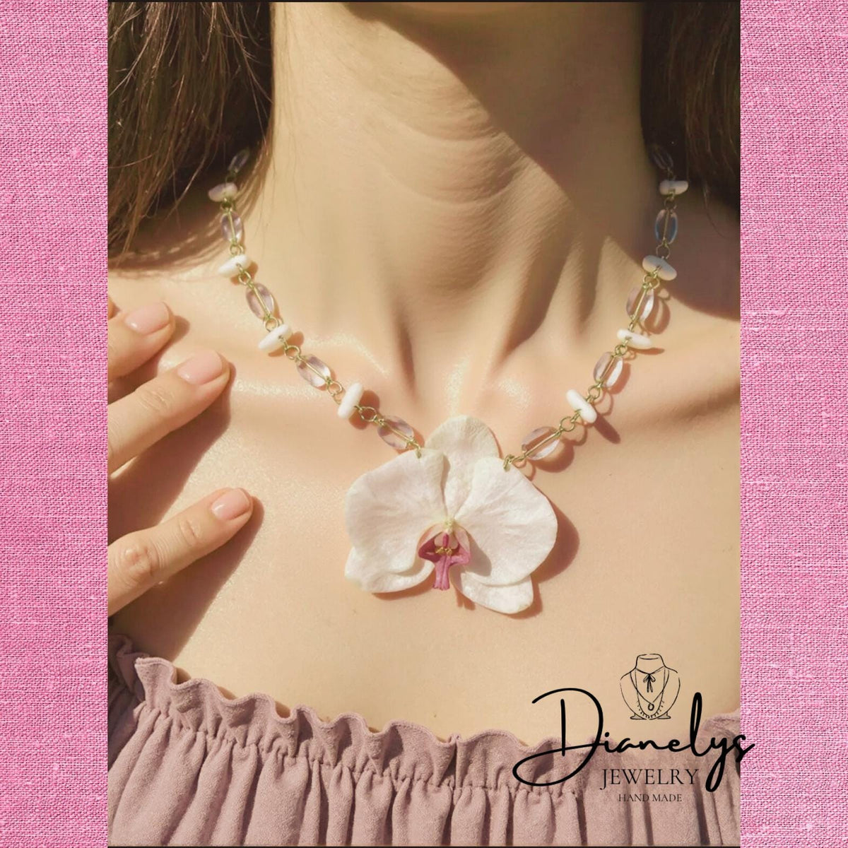 Real Orchid Resin Handmade Necklace Large Offwhite and Purple Flower Botanical Pendant