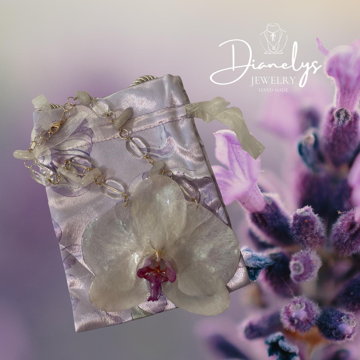 Real Orchid Resin Handmade Necklace Large Offwhite and Purple Flower Botanical Pendant