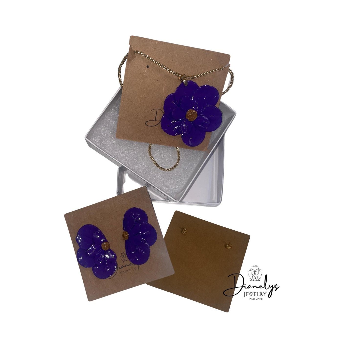 Purple Flower Jewelry Set Statement Necklace & Matching Earrings Handmade Floral Resin Jewelry, Gold Tone Chain