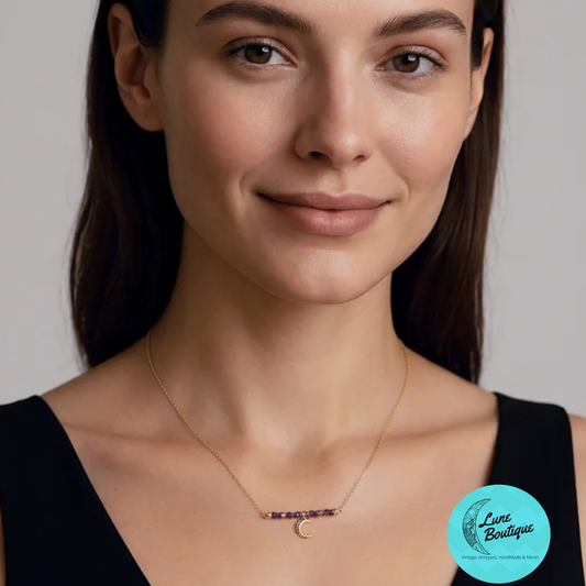 Crescent Moon Necklace Purple, Zirconia Beads, S925 Sterling Silver, Gold Plated Celestial Jewelry