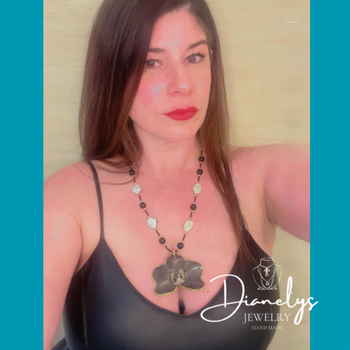 Handmade Resin Black Orchid Necklace, Gold & Pearled Stone Beaded Chain