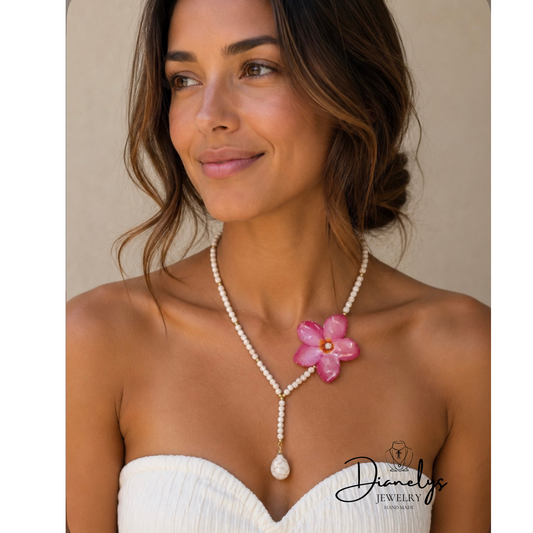 Pink Real Pumeria Flower Y Necklace with Pearl Beads, Handmade Floral Statement Necklace, Elegant Bridal or Summer Jewelry,  One of a Kind