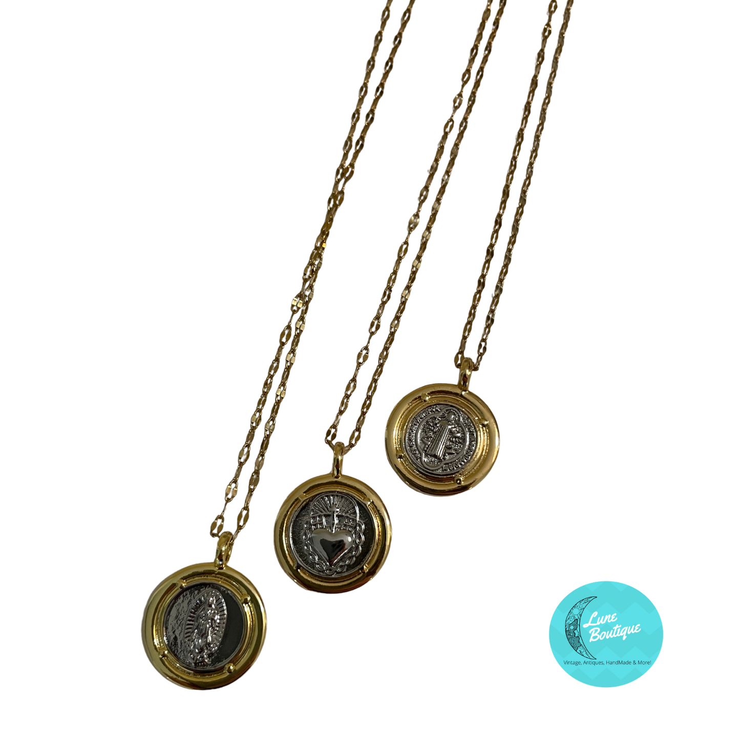 Gold Virgin Mary, the Sacred Heart, and Saint Benedict Necklace Set, Religious Medallion Necklaces, Catholic Jewelry, Spiritual