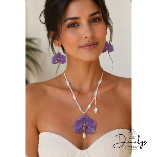 Purple Orchid Flower Jewelry Set Necklace & Earrings with Faux Pearls