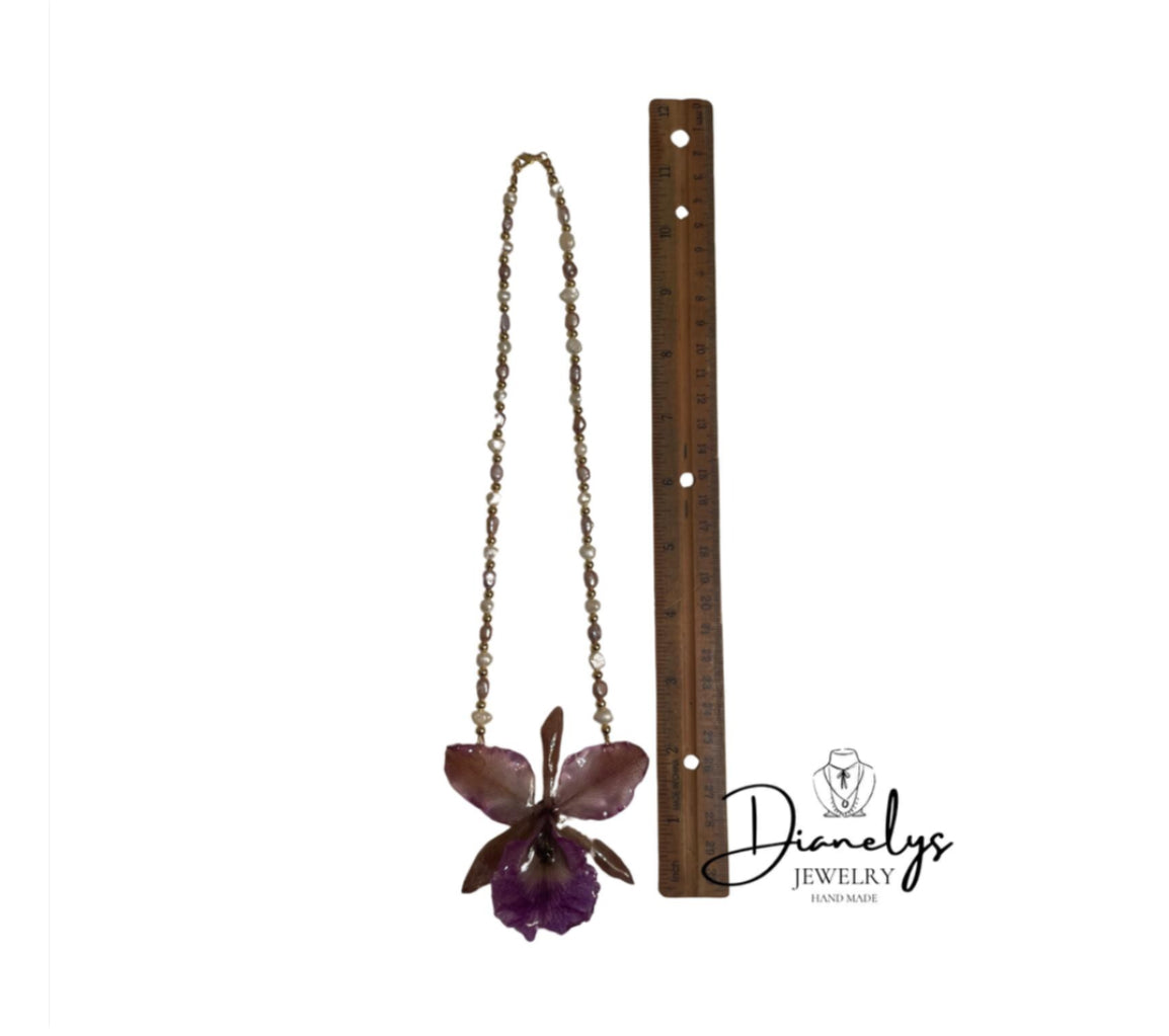 Real Orchid Flower in Resin Necklace Beaded with Cultivated Pearls Only 1