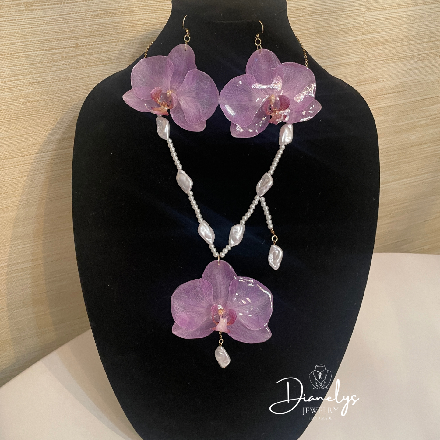 Purple Orchid Flower Jewelry Set Necklace & Earrings with Faux Pearls
