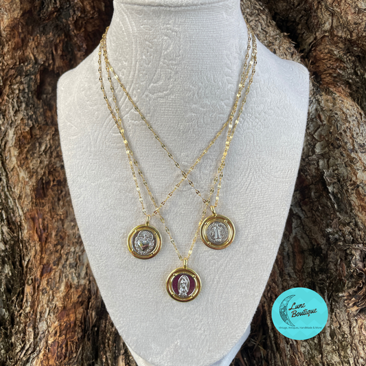 Gold Virgin Mary, the Sacred Heart, and Saint Benedict Necklace Set, Religious Medallion Necklaces, Catholic Jewelry, Spiritual