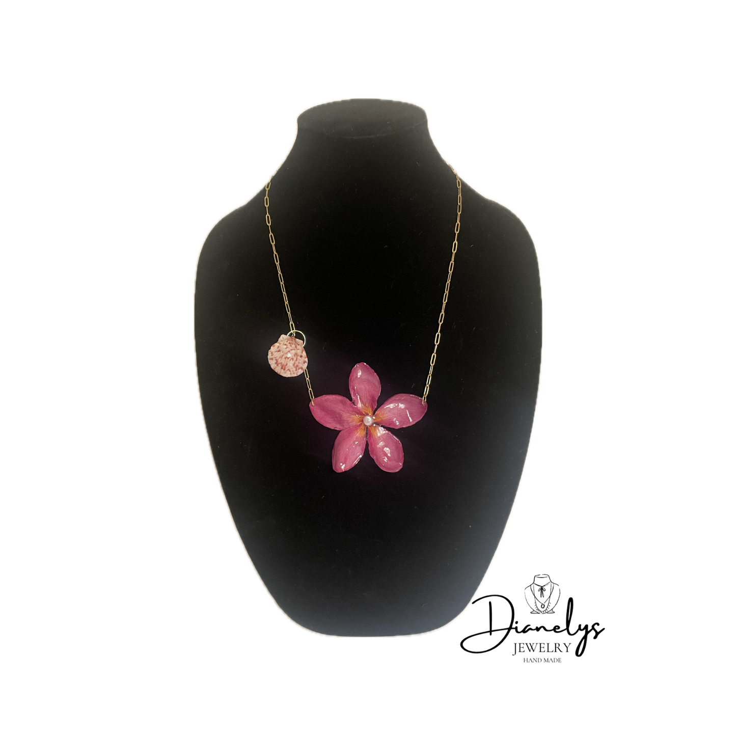 Real Plumeria Flower & Pearl Shell Necklace Multi-Directional Handmade
