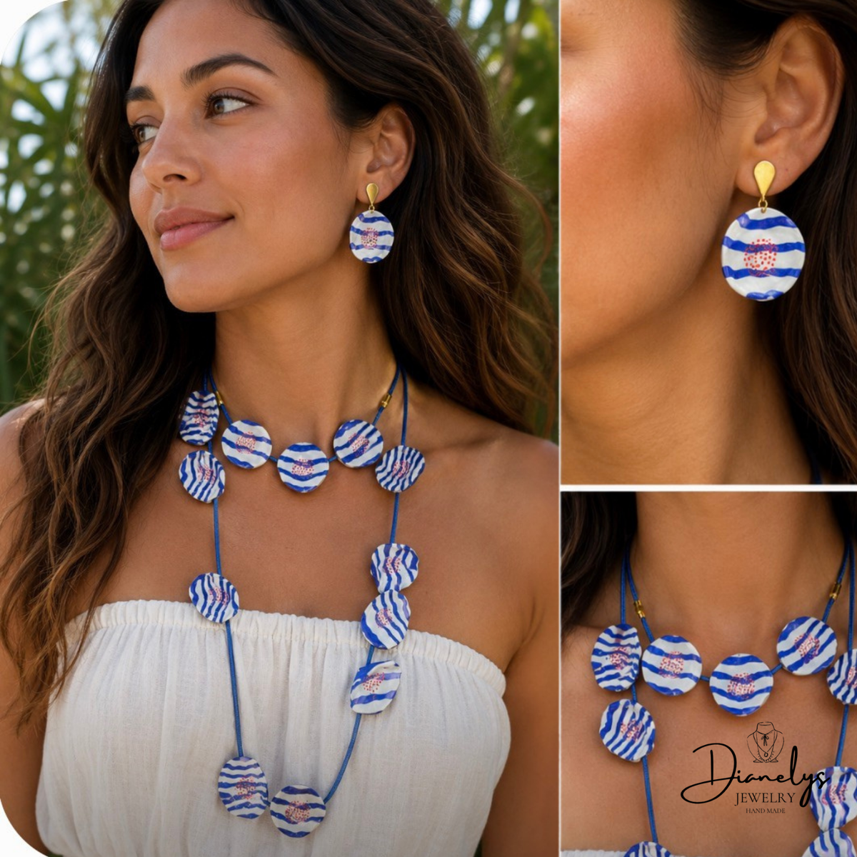 Blue and White Statement Jewelry Set Handmade Necklace, Choker & Earrings Bold Artistic Resin Se