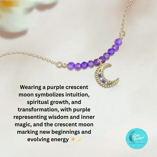 Crescent Moon Necklace Purple, Zirconia Beads, S925 Sterling Silver, Gold Plated Celestial Jewelry
