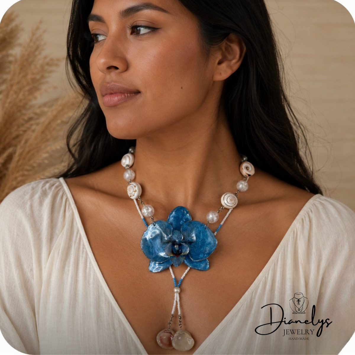 Blue Orchid Necklace with Seashell & Gemstone Accents Handmade