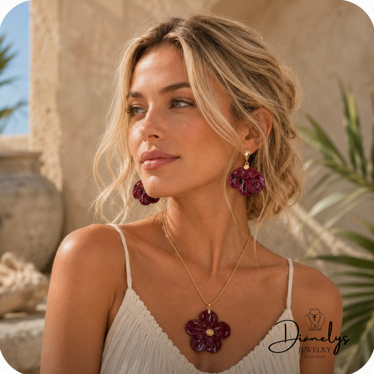 Handmade Red Flower Jewelry Set  Statement Necklace & Earrings – Bold Floral Resin Jewelry Gold Chain  Unique Gift for Her