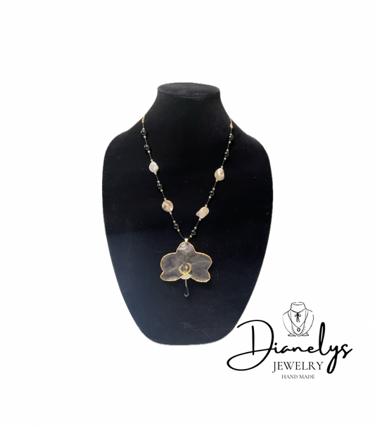 Handmade Resin Black Orchid Necklace, Gold & Pearled Stone Beaded Chain