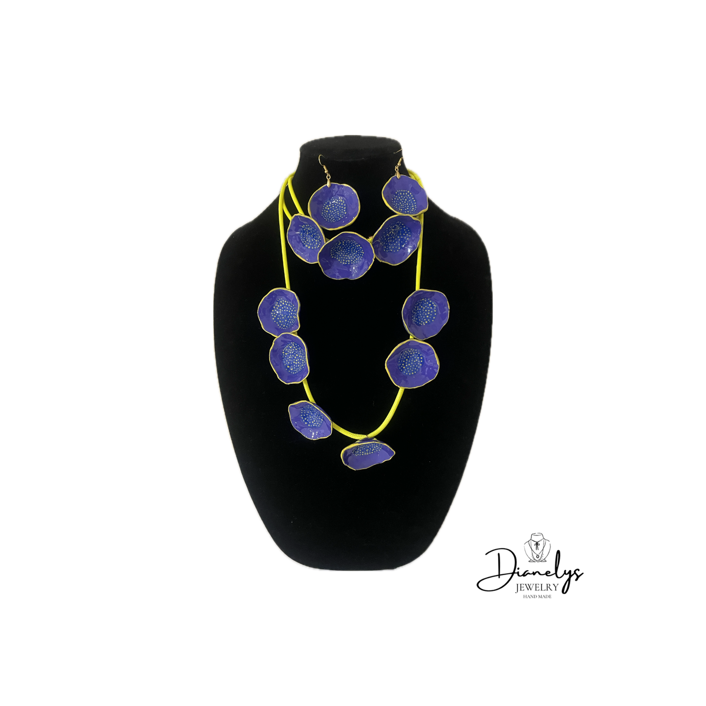 Purple Bold Statement Jewelry Set Handmade 3 Piece Necklace, Choker & Earrings Modern Floral Design Lime Cord Accent