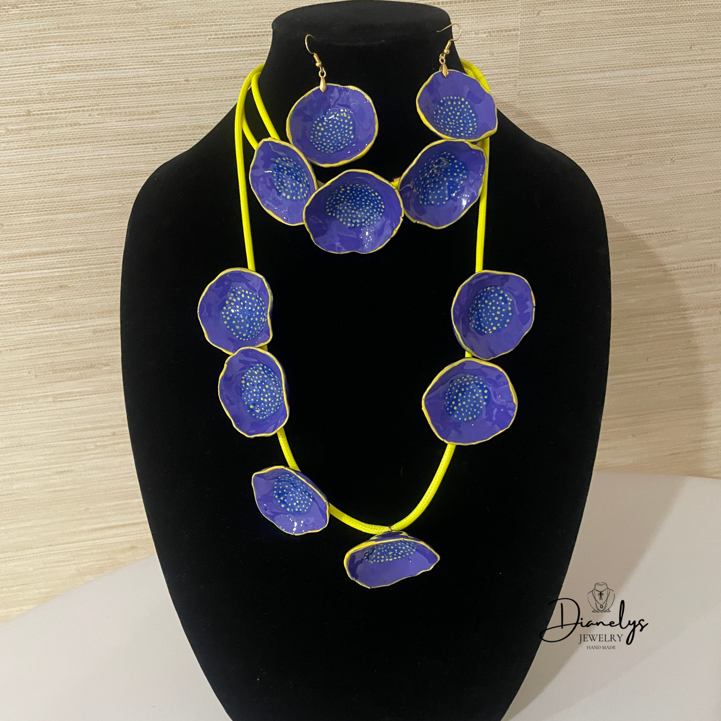 Purple Bold Statement Jewelry Set Handmade 3 Piece Necklace, Choker & Earrings Modern Floral Design Lime Cord Accent