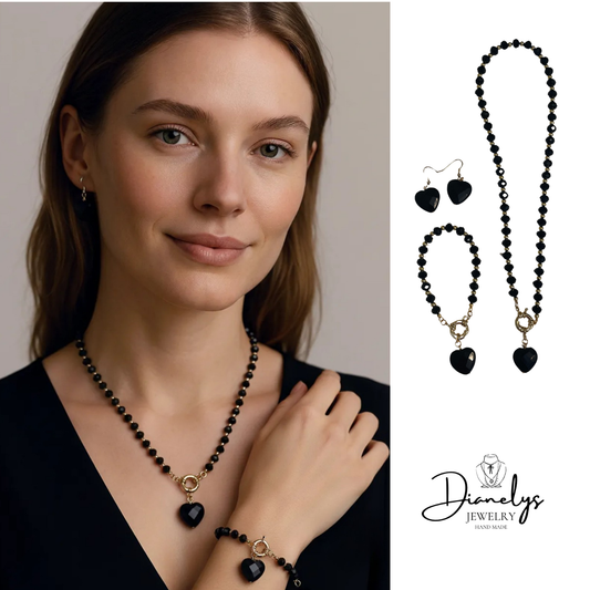 Black Heart Jewelry Set  Beaded Necklace, Bracelet & Earrings Set, Elegant Black and Gold Jewelry, Handmade Gift Set