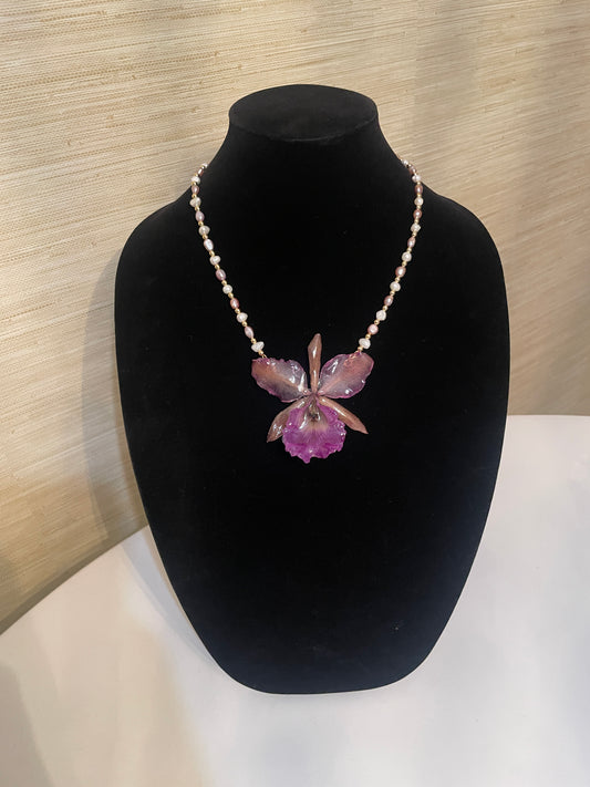 Real Orchid Flower in Resin Necklace Beaded with Cultivated Pearls Only 1