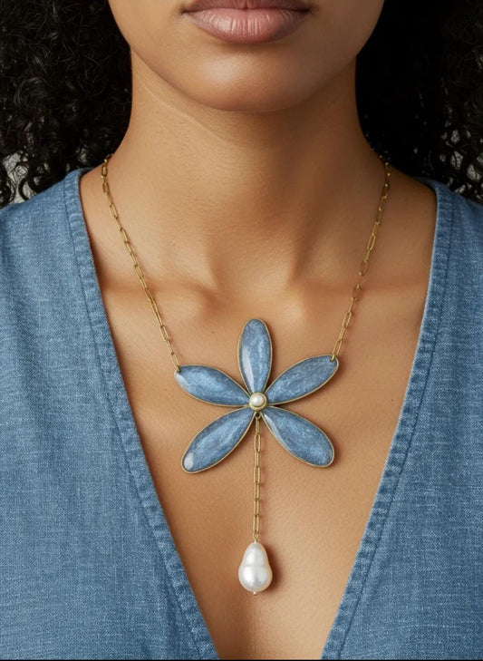 Blue Flower in Resin Pendant Necklace with Pearl Drop Handmade