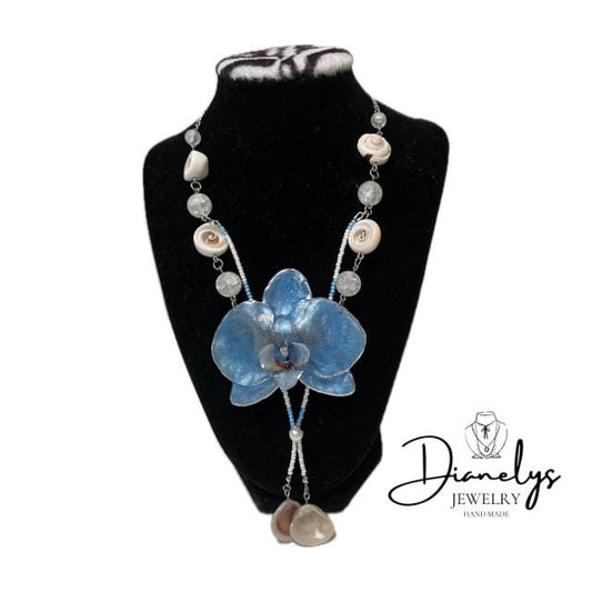 Blue Orchid Necklace with Seashell & Gemstone Accents Handmade