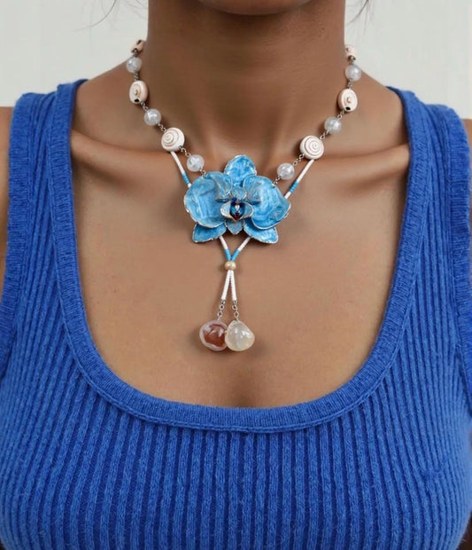 Blue Orchid Necklace with Seashell & Gemstone Accents Handmade
