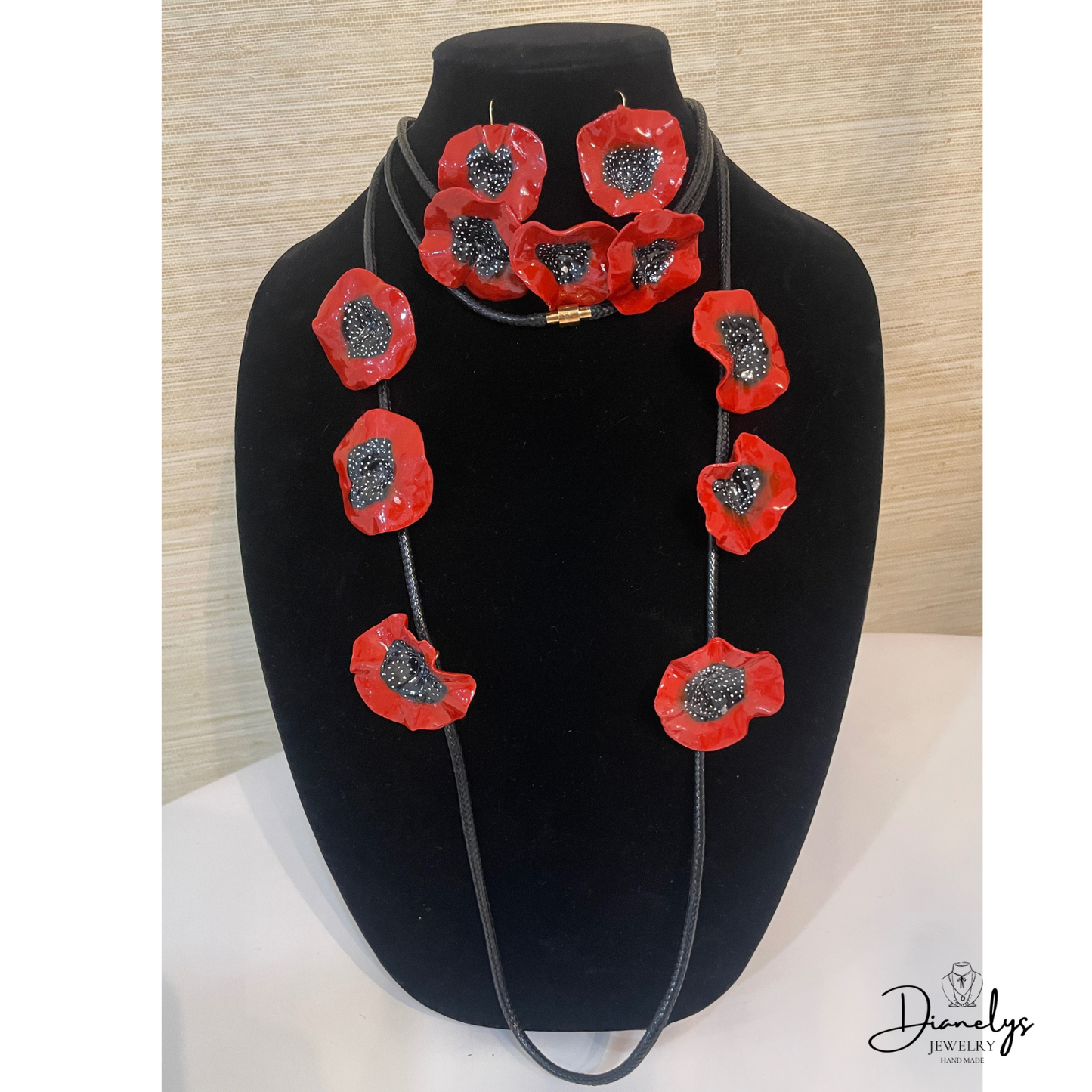 Red and Black Necklace Set Handmade Choker, Long Necklace & Earrings –Bold Red Black Flower Jewelry