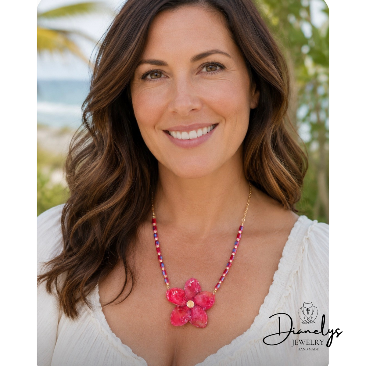 Flower Pendant Resin Necklace Violet Red Pink Tones Gold Chain Statement Necklace