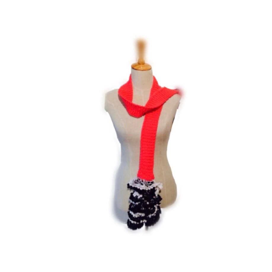 Crochet Scarf Boa or Belt in Coral Pink, White and Black Flamenco Style
