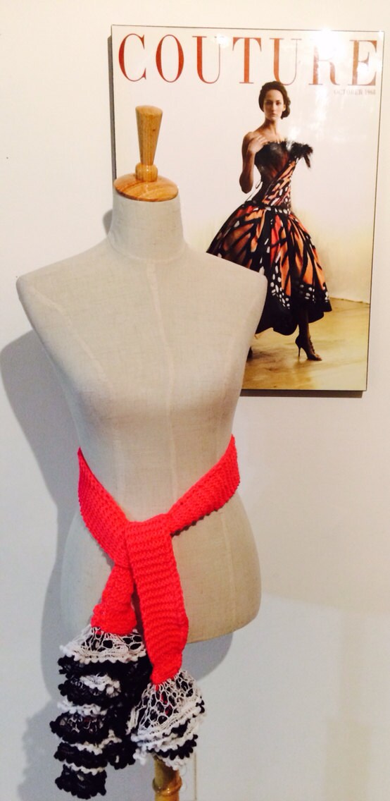 Crochet Scarf Boa or Belt in Coral Pink, White and Black Flamenco Style
