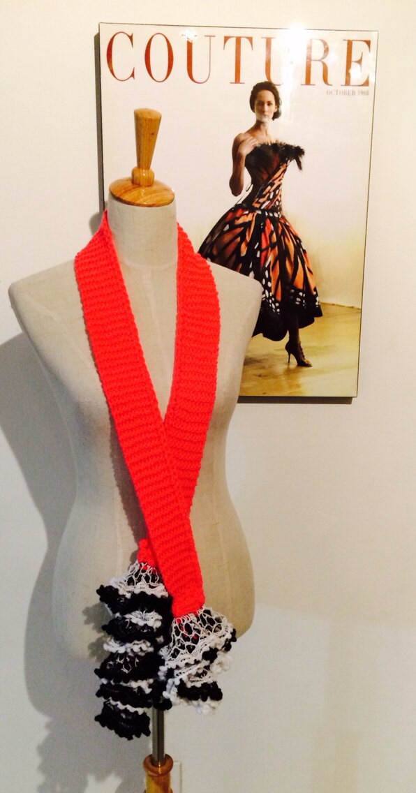 Crochet Scarf Boa or Belt in Coral Pink, White and Black Flamenco Style