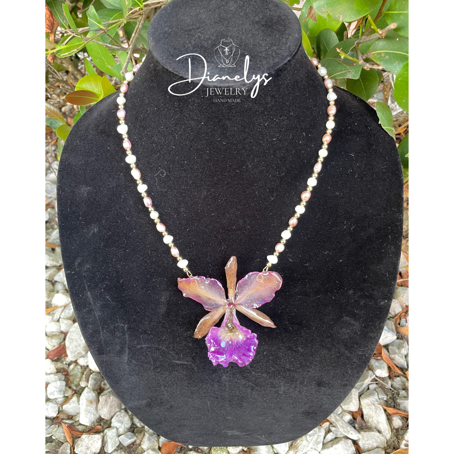 Real Orchid Flower in Resin Necklace Beaded with Cultivated Pearls Only 1