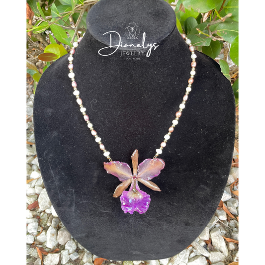 Real Orchid Flower in Resin Necklace Beaded with Cultivated Pearls Only 1