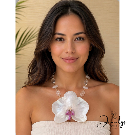 Real Orchid Resin Handmade Necklace Large Offwhite and Purple Flower Botanical Pendant