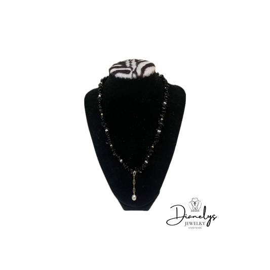 Black Stone & Pearl Drop Necklace – Handmade Elegant Statement Jewelry