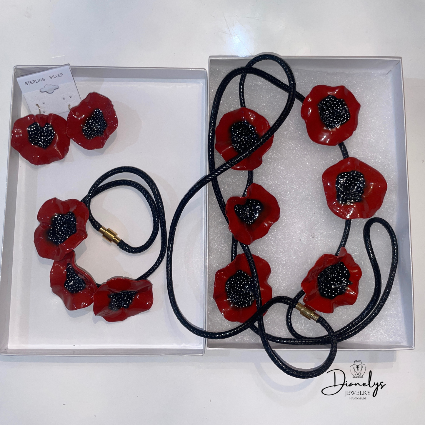 Red and Black Necklace Set Handmade Choker, Long Necklace & Earrings –Bold Red Black Flower Jewelry