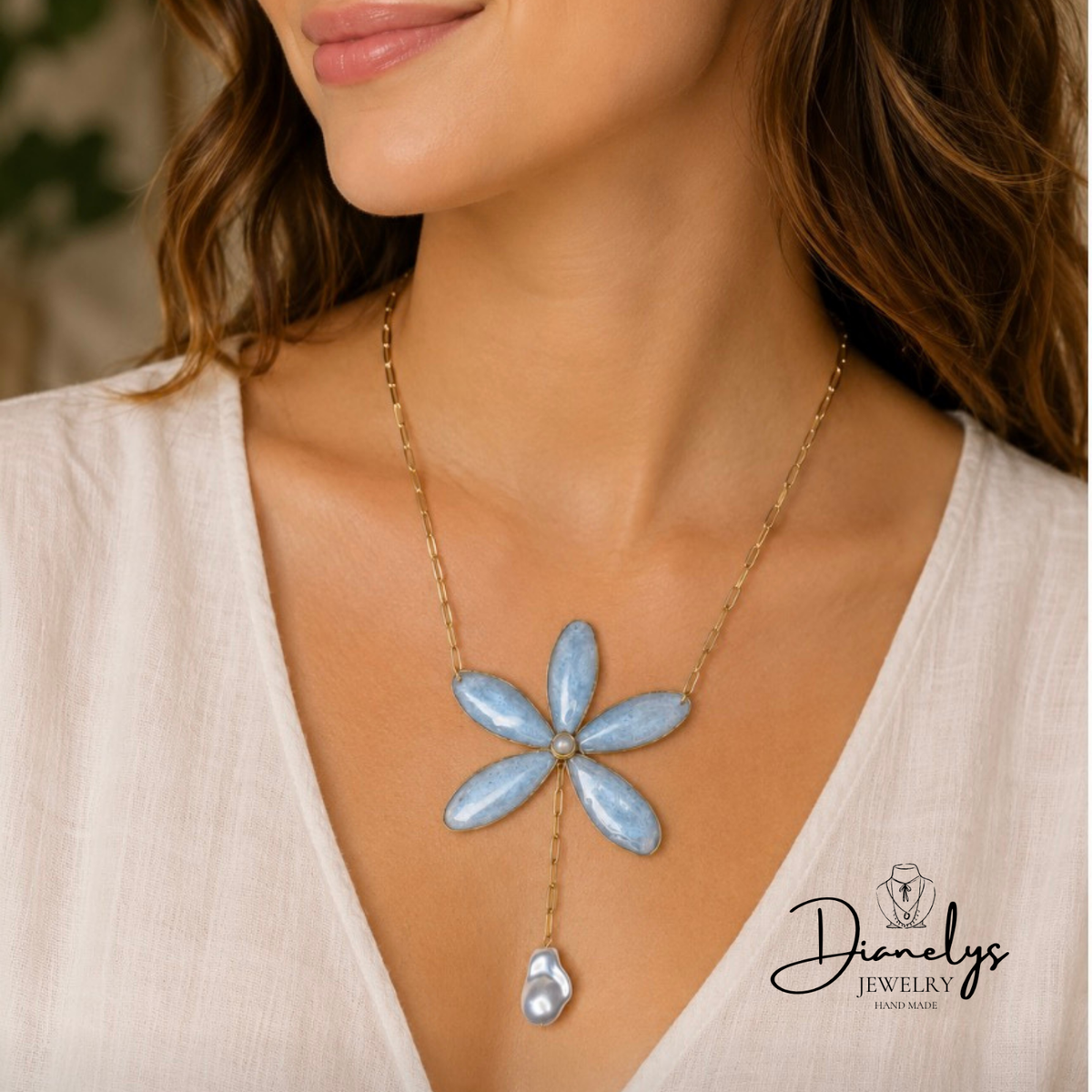 Blue Flower in Resin Pendant Necklace with Pearl Drop Handmade
