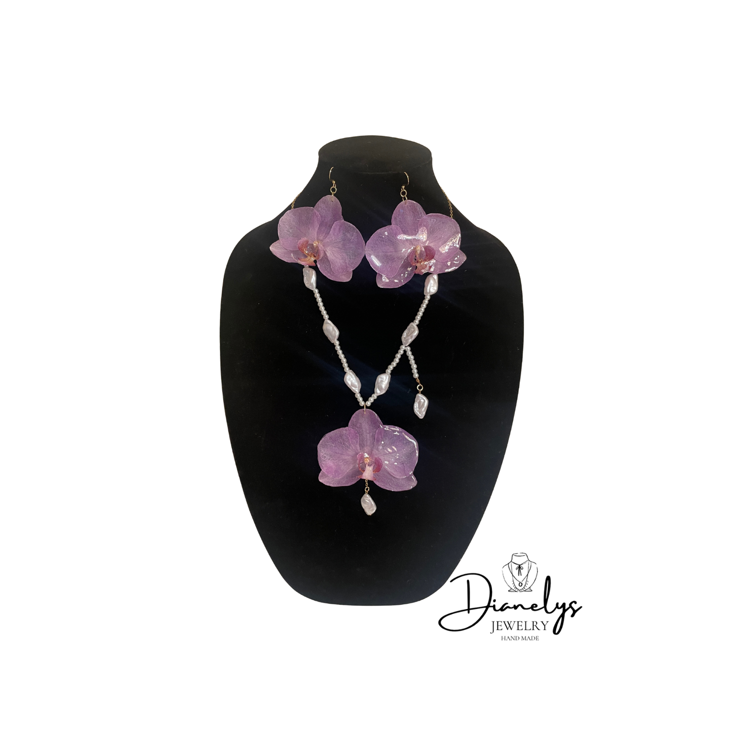 Purple Orchid Flower Jewelry Set Necklace & Earrings with Faux Pearls